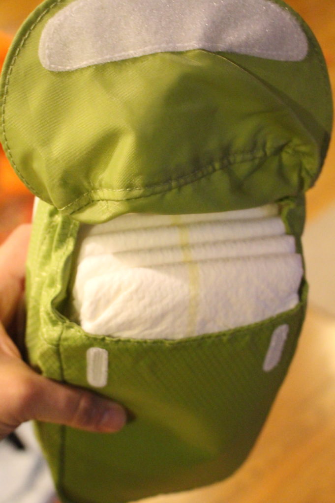 The pouch can fit up to five diapers.